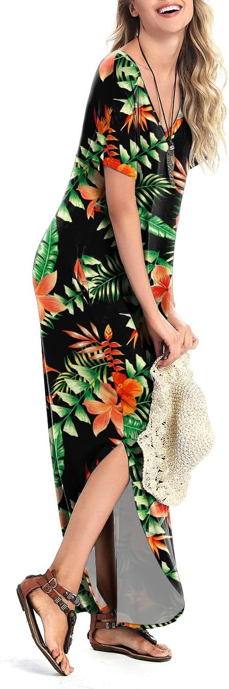 Arolina Women's Summer Maxi Dress Short Sleeve V Neck Casual Loose Long Beach Split Dresses with Pockets