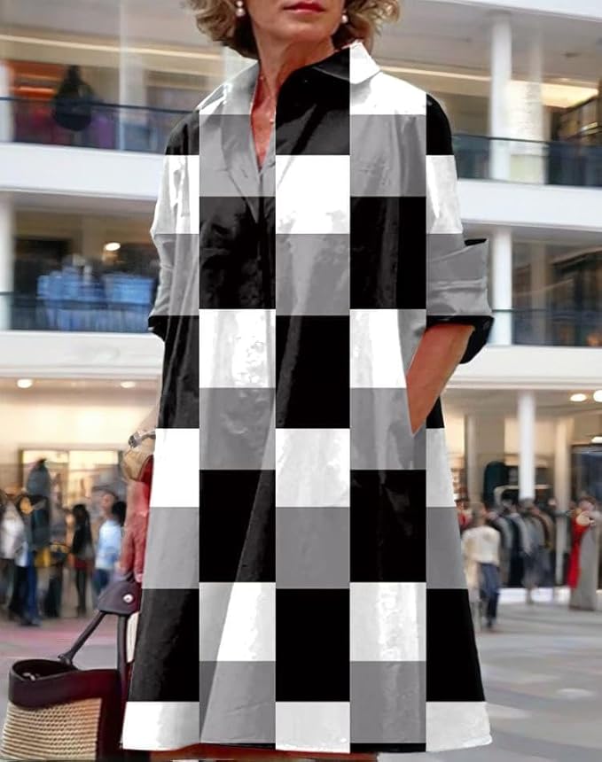 Womens 2025 Long Sleeve Button Down Shirt Summer Dress Casual V Neck Loose Fit Midi Shirt Dresses with Pockets