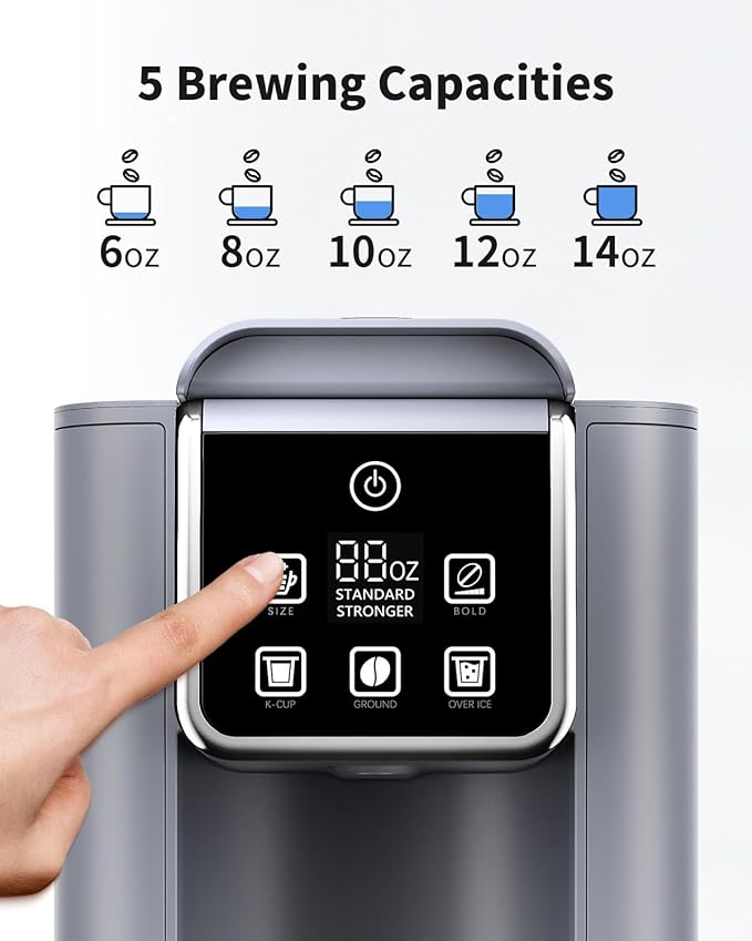 KIDISLE Hot & Iced Coffee Maker with Bold Setting, Single Serve Coffee Maker for K Cup and Grounds, 6-14 Oz Brew Sizes, 50 Oz Removable Water Tank, One Cup Coffee Machine with Reusable Filter, Grey