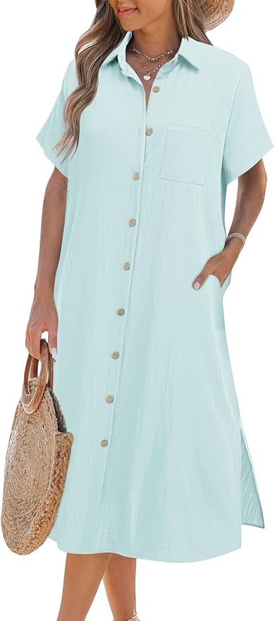 Zeagoo Women Dresses Summer Casual Short Sleeve Button Down Shirt Dresses 2025 Beach Cover Up with Pockets