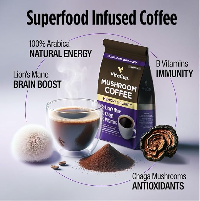 VitaCup Mushroom Coffee Grounds, with Lions Mane, Chaga, B Vitamins, D3, Boost Focus, Immunity, Memory & Clarity, Medium Dark Roast, Bold & Smooth 100% Arabica Specialty, 4 bags, 10oz each