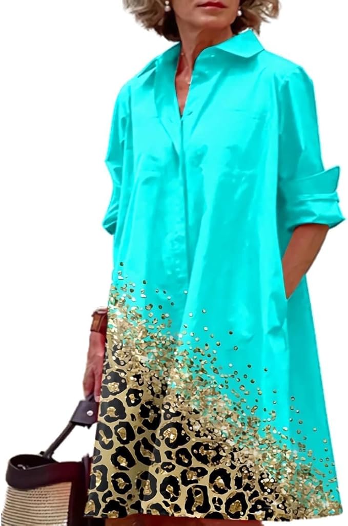 Womens 2025 Long Sleeve Button Down Shirt Summer Dress Casual V Neck Loose Fit Midi Shirt Dresses with Pockets