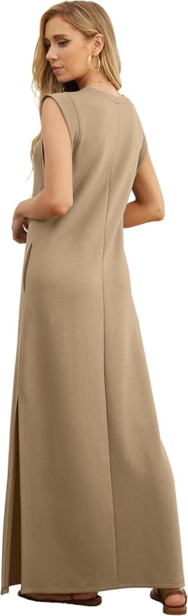 GRECERELLE 2026 Women Year-Round Casual Round Neck Loose Split Wrinkle-Free Long Maxi Vacation Dress with Pockets (XXS-4XL)