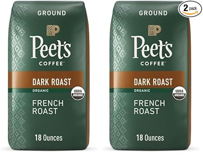 Peet's Coffee Dark Roast Ground Coffee | USDA Organic | French Roast | 36 Ounces | 2 Bags