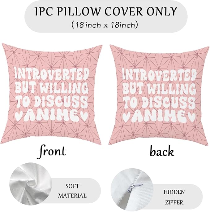 NGLIV Anime Decor, Introverted But Willing to Discuss Anime Room Decorative Throw Pillow Covers, Girls Anime Gifts Anime Lovers for Home Living Room Girl Women Bedroom Decoration Gifts Pink