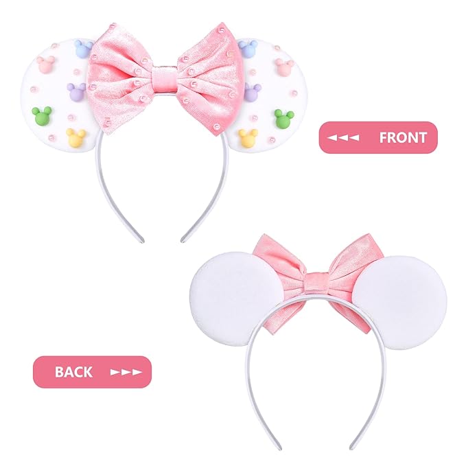 HAMUTH Mouse Ears Headband,Pink bow Headband with Pearl for Women Girls, Cute Velvet Hair Accessories for Party Trip Parks Cosplay Decorations