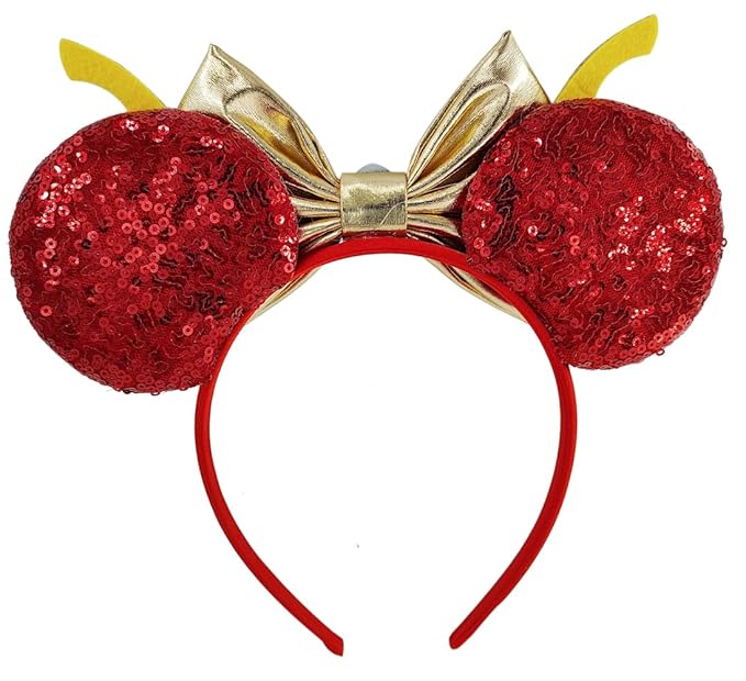 WW-WONDERFULWORLD Shiny Mouse Ears Headbands With Golden Bows & Ruby & Sequin, for Women PNA Costume Cosplay Glitter Star Wars Theme Party, Red; 2HJ