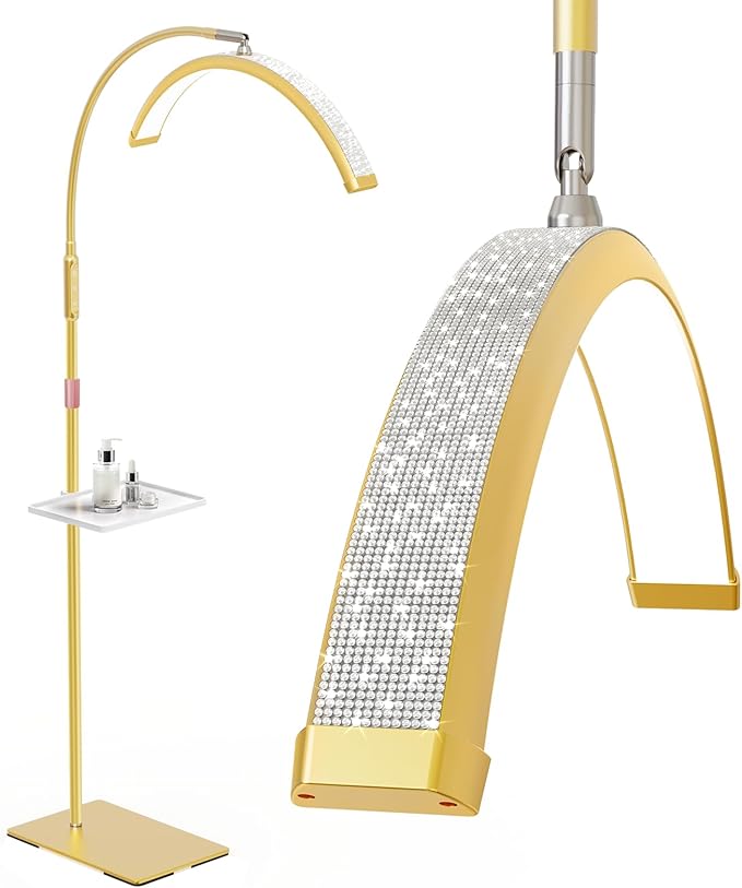 Lash Light, 23 Inch Bling Diamond Half Moon Light for Eyelash Extensions, Nail Art, Tattoo Art and Skincare, Adjustable Color Modes and Flexible, with Tool Tray (Gold)