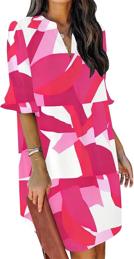 QACOHU Summer Dresses for Women V Neck Ruffle Short Sleeve Casual Shift Dress
