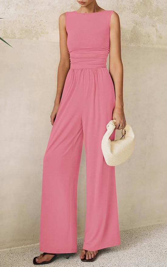 PRETTYGARDEN One Piece Jumpsuits for Women Dressy Casual Sleeveless Crewneck Wide Leg Rompers Jumpers Vacation Summer Outfits