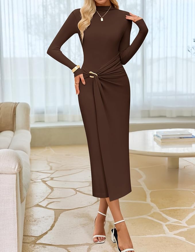 ZESICA Women's 2026 Spring Long Sleeve Bodycon Dress Mock Neck Wedding Guest Cocktail Party Long Midi Dresses