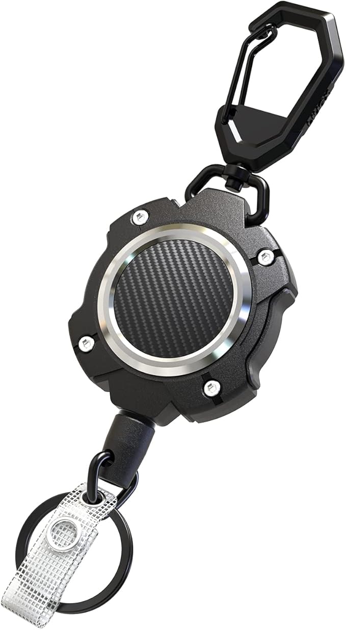 LIUGX Retractable Keychain, Heavy Duty Carabiner Key Chains, 10,000+ Rebound, Impact Resistance Tactical ID Badge Reel with 31.5” Wire Rope and Key Ring, Up to 8oz, Aluminum Ring, Carbon Fiber-Texture
