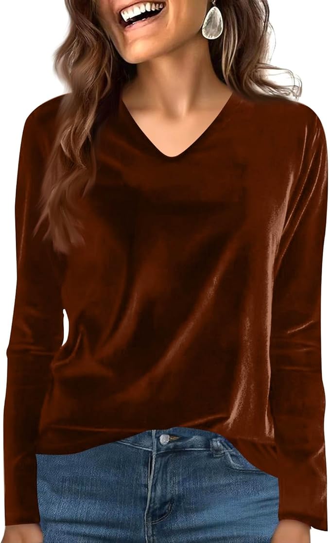Velvet Tops for Women Dressy Casual V Neck Shirts Loose Fit Vintage Long Sleeve Velour Blouse Solid Holiday Party Outfits