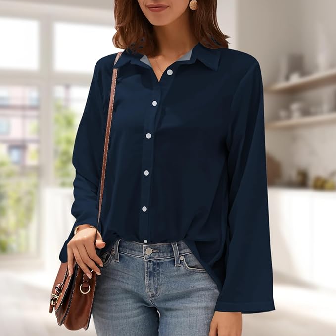 Womens Classic Shirts Casual Button Solid Color Long Sleeve Work Blouse Collared Relaxed Fit Summer Tops