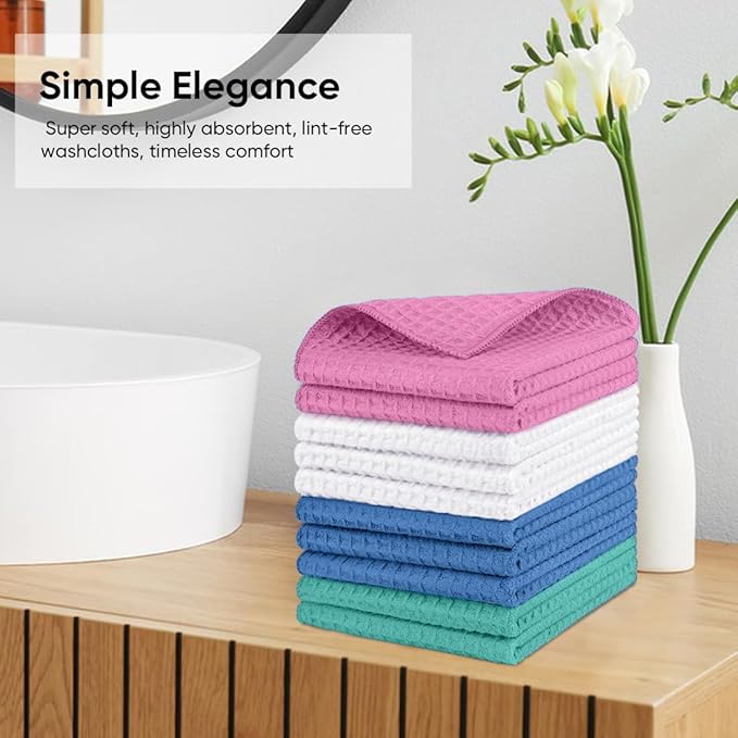 HOMEXCEL Multicolor Waffle Washcloths Towels 10 Pack, Premium Microfiber Face Towels, Ultra Soft, Lightweight Highly Absorbent Quick Dry Washcloths for Bathroom, Gym, Shower 12 x 12 Inch