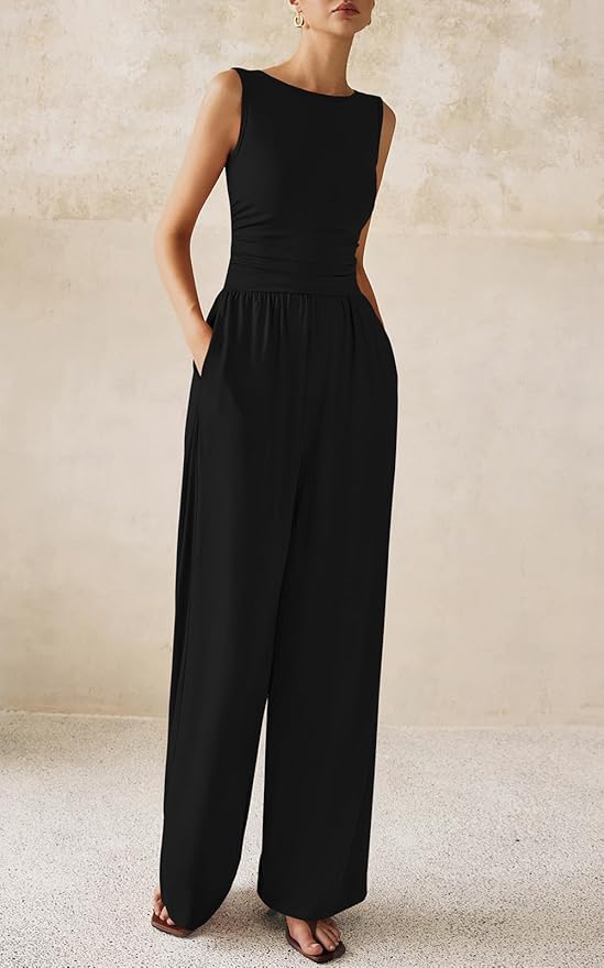 PRETTYGARDEN One Piece Jumpsuits for Women Dressy Casual Sleeveless Crewneck Wide Leg Rompers Jumpers Vacation Summer Outfits