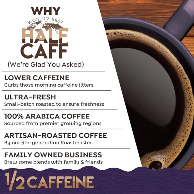World's Best Half Caff Espresso Roast Coffee Pods, 100 ct, Dark Roast in Recyclable Single Serve Pods – 100% Arabica Coffee, Compatible with Keurig K Cups Maker
