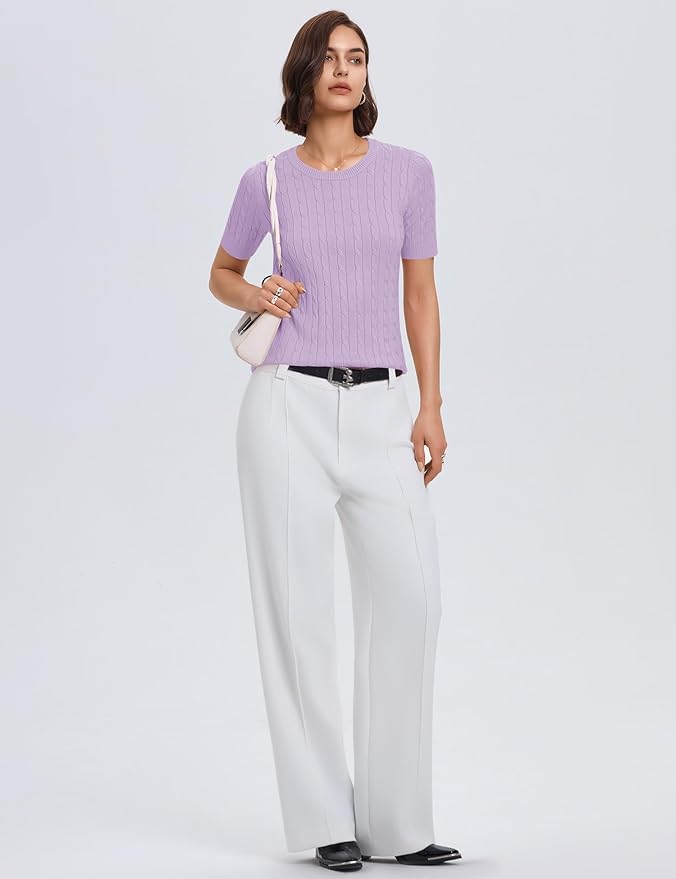 Micoson Womens Short Sleeve Cable Knit Sweater Tops Crewneck Lightweight Spring Summer Shirts Business Dressy Casual Outfits