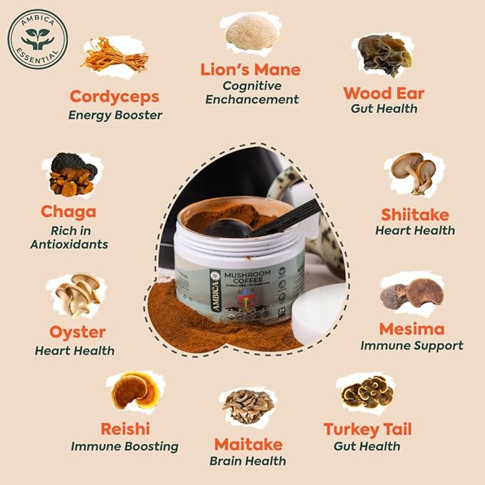 Ambica Instant Mushroom Coffee Ground, USDA Organic With Ten Mushroom Coffee with Lion’s Mane, Reishi, Cordyceps & Chaga for Immnue Support & Gut Health, Better Energy & Focus 24 Servings, 4.23 Oz