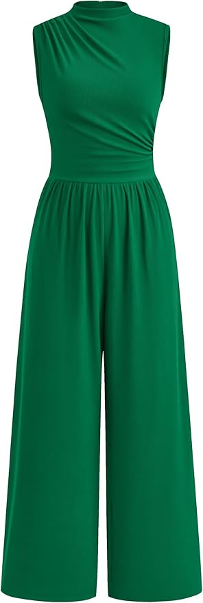 PRETTYGARDEN Womens Summer Jumpsuits Dressy Casual One Piece Outfits Sleeveless Mock Neck Wide Leg Pants Rompers with Pockets