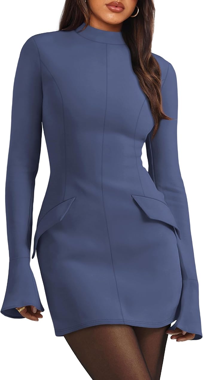 OFEEFAN Women's Fall Long Sleeve Mock Neck Dress Basic Party Club Bodycon Mini Dresses