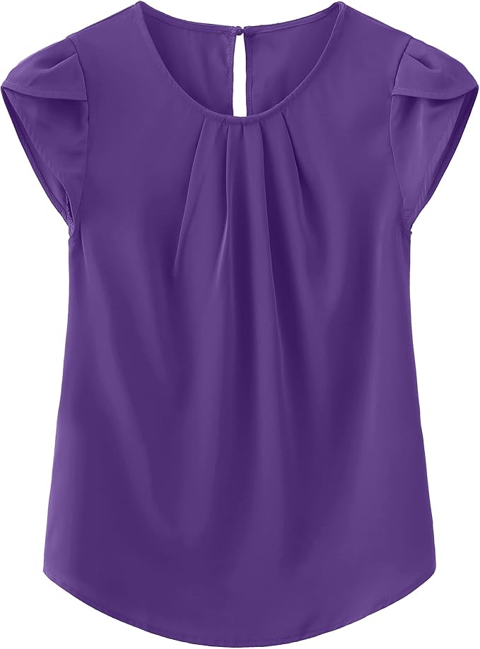 TASAMO Women's Casual Round Neck Basic Pleated Top Cap Sleeve Curved Keyhole Back Chiffon Blouse