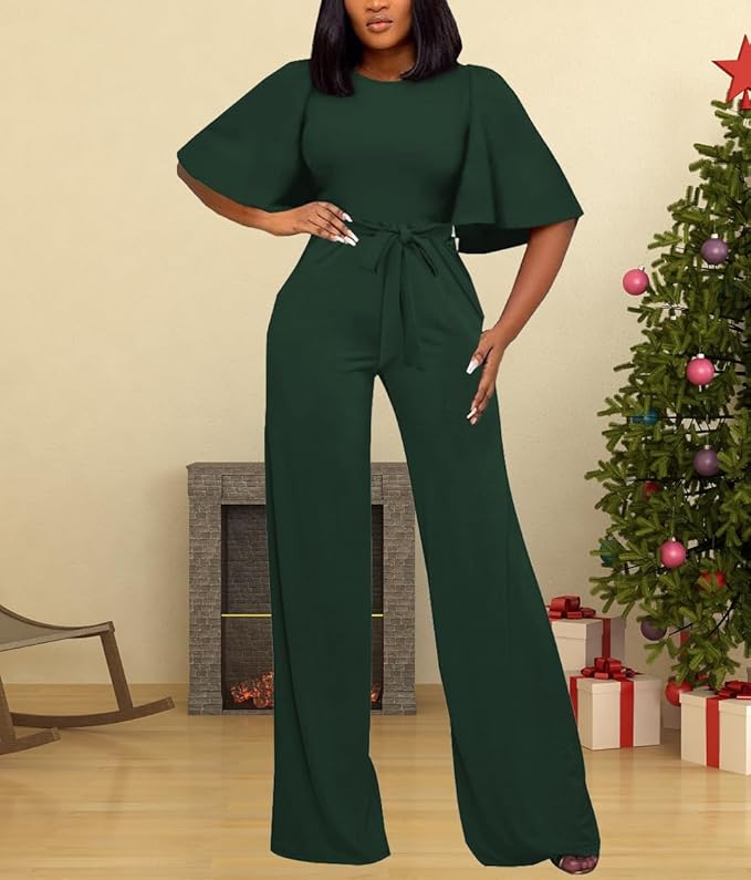 BessCops Womens Loose Short Sleeve Belted Wide Leg Pant Romper Jumpsuit Casual Business One Piece Outfits