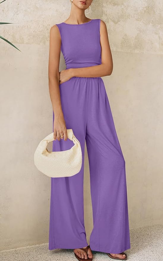 PRETTYGARDEN One Piece Jumpsuits for Women Dressy Casual Sleeveless Crewneck Wide Leg Rompers Jumpers Vacation Summer Outfits