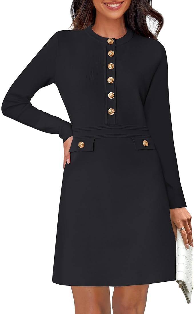 NENONA Women's 2026 Long Sleeve Fall Winter Sweater Dress Spring Fashion Button Elegant Business Casual Work Mini Dresses