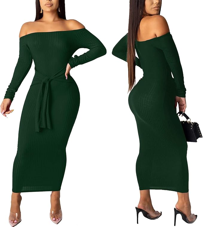 SheKiss Women's Off Shoulder Long Sleeves Bodycon Sweater Dress Sexy Knit Slim Cardigans