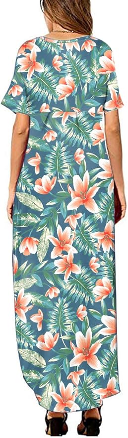 Arolina Women's Summer Maxi Dress Short Sleeve V Neck Casual Loose Long Beach Split Dresses with Pockets