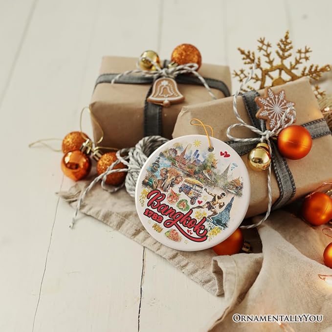 Lively Bangkok City Artistic Ceramic Ornament, Thailand Souvenir and Christmas Decor Keepsake (Circle)