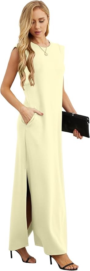 GRECERELLE 2026 Women Year-Round Casual Round Neck Loose Split Wrinkle-Free Long Maxi Vacation Dress with Pockets (XXS-4XL)
