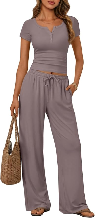 Trendy Queen Women's 2 Piece Matching Lounge Sets Summer Henley Neck Slightly Crop Top Wide Leg Pants Casual Sweat Suit