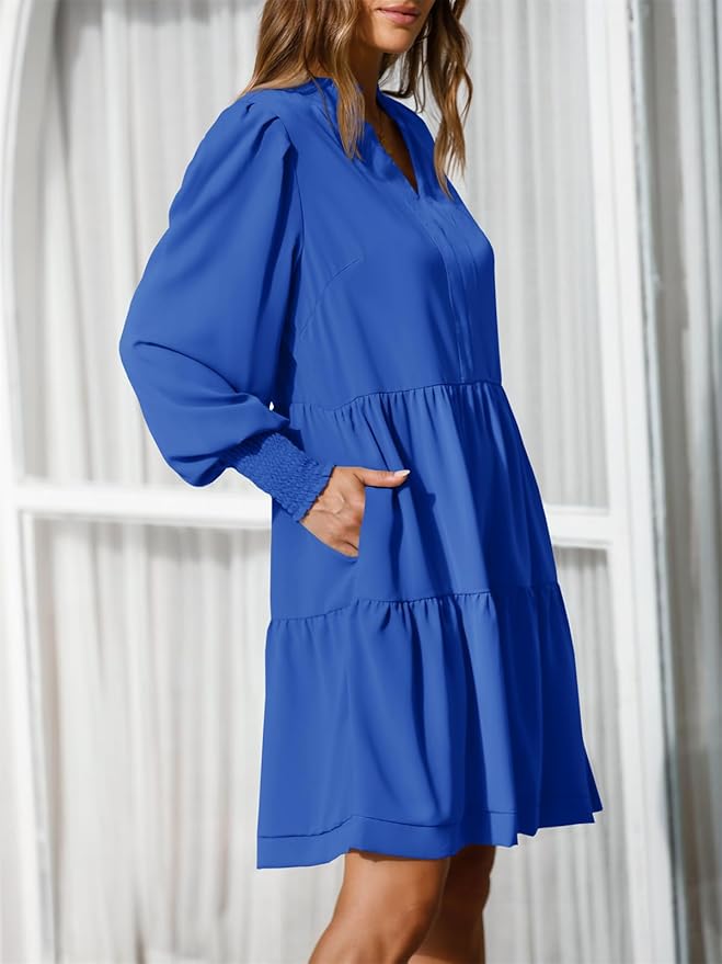 Imily Bela Womens Fall Long Sleeve Tunic Dress Casual V Neck Loose Ruffle Tiered Dress