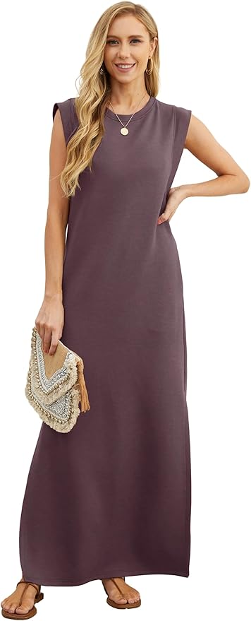 GRECERELLE 2026 Women Year-Round Casual Round Neck Loose Split Wrinkle-Free Long Maxi Vacation Dress with Pockets (XXS-4XL)