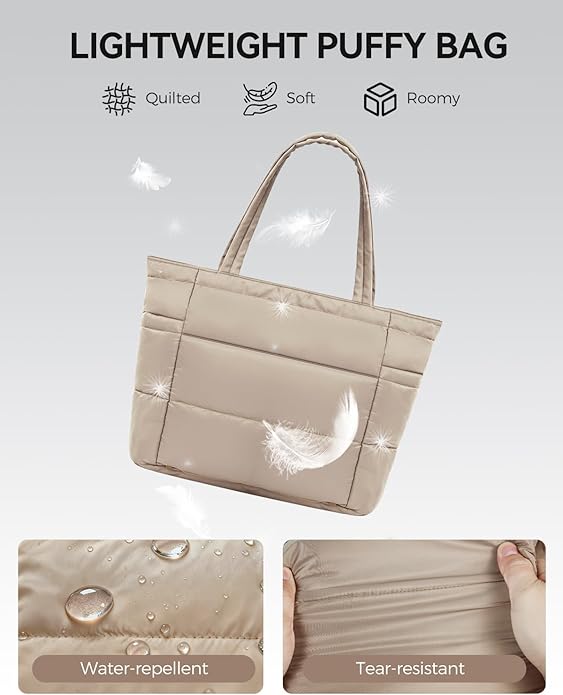 Moyad Puffy Tote Bag for Women with Zipper, Lightweight Quilted Bags Shoulder Handbag for Work, Travel, Gym, Nurse, Teacher