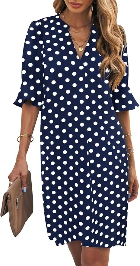 Wkior Shift Dress for Women V Neck Short Sleeves Solid Color Casual Flowy Summer Dresses(S-2XL)