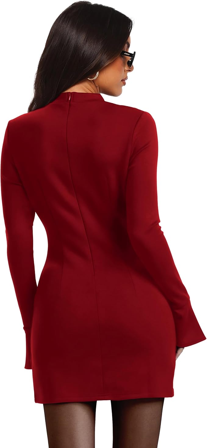 OFEEFAN Women's Fall Long Sleeve Mock Neck Dress Basic Party Club Bodycon Mini Dresses