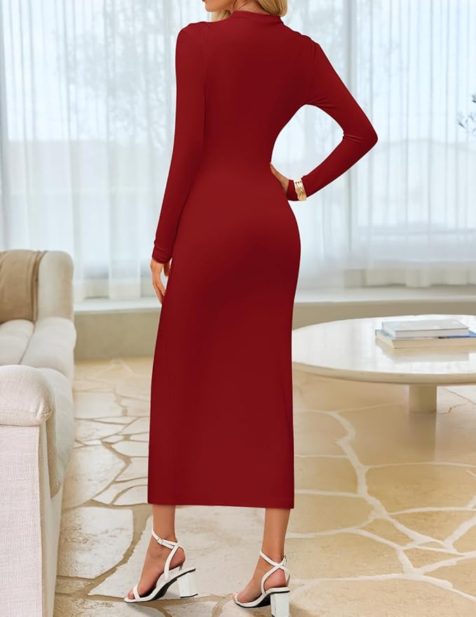 ZESICA Women's 2026 Spring Long Sleeve Bodycon Dress Mock Neck Wedding Guest Cocktail Party Long Midi Dresses