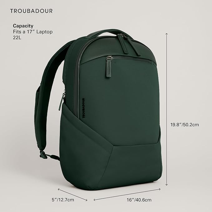 Troubadour Apex 4.0-22L Premium Laptop Backpack - Ergonomic & Water Resistant - Designed for Work and Travel - Obsidian Green