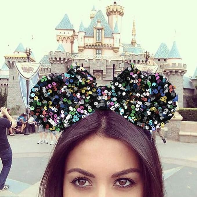 KARETT Sequins Mouse Ears Headband With Glitter Bow Princess Party Decorations For Girls Women