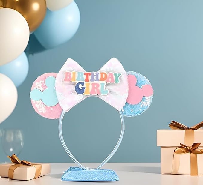 RAZKO Mouse Ears Headband, Blue Birthday Hairband Mice ears Headband for Women Girls Hair Accessories(Birthday Girl-Blue M)