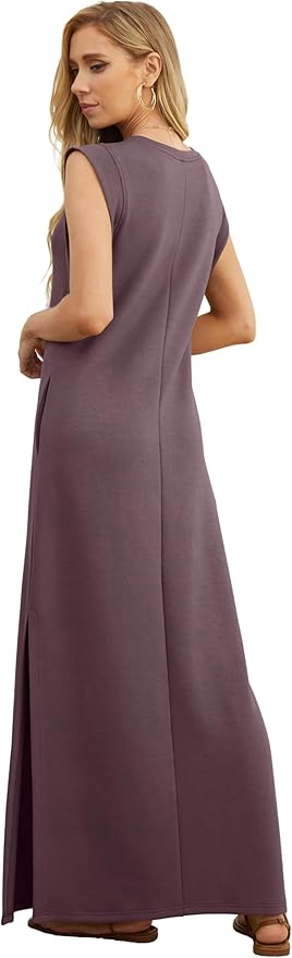 GRECERELLE 2026 Women Year-Round Casual Round Neck Loose Split Wrinkle-Free Long Maxi Vacation Dress with Pockets (XXS-4XL)
