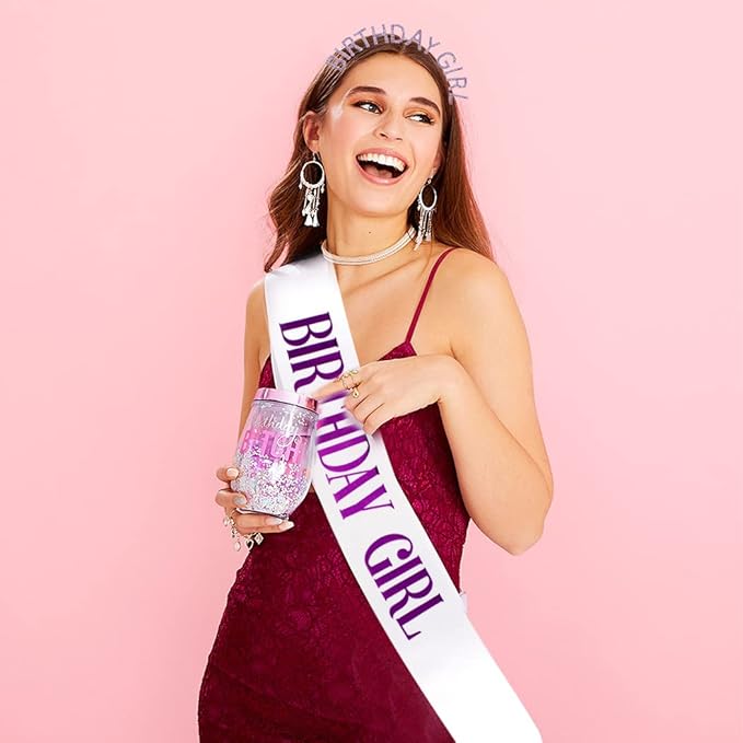 AOPRIE Birthday Girl Sash Crown for Women Happy Birthday Tiara for Women Headband Princess Crown Rhinestone Accessories Silver Purple