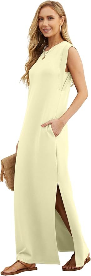 GRECERELLE 2026 Women Year-Round Casual Round Neck Loose Split Wrinkle-Free Long Maxi Vacation Dress with Pockets (XXS-4XL)