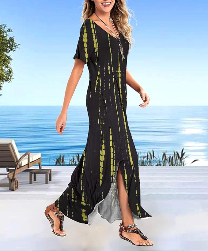 Arolina Women's Summer Maxi Dress Short Sleeve V Neck Casual Loose Long Beach Split Dresses with Pockets