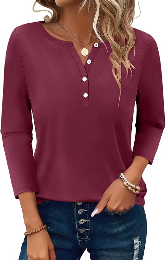 PGANDS Women's 3/4 Length Sleeve T Shirts Button Down Scoop Neck Casual Tops