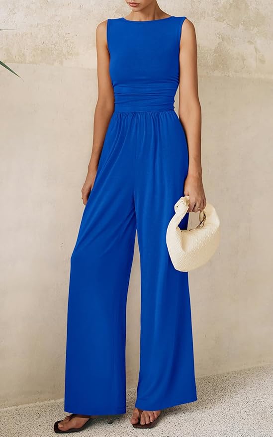 PRETTYGARDEN One Piece Jumpsuits for Women Dressy Casual Sleeveless Crewneck Wide Leg Rompers Jumpers Vacation Summer Outfits