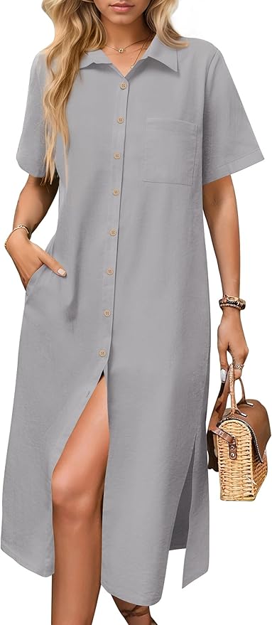 HOTOUCH Womens Dress Summer Casual Midi Short Sleeve Button Down Shirt Dresses Loose Beach Cover Up with Pockets